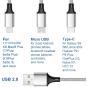 3in1 Multi USB Kabel Typ-C Lightning Micro USB 1,2m -ID18114 silber